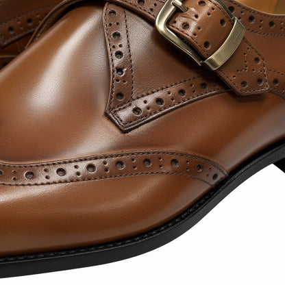 Mens Brogue Monk Shoes - Tan - Texture Close Up