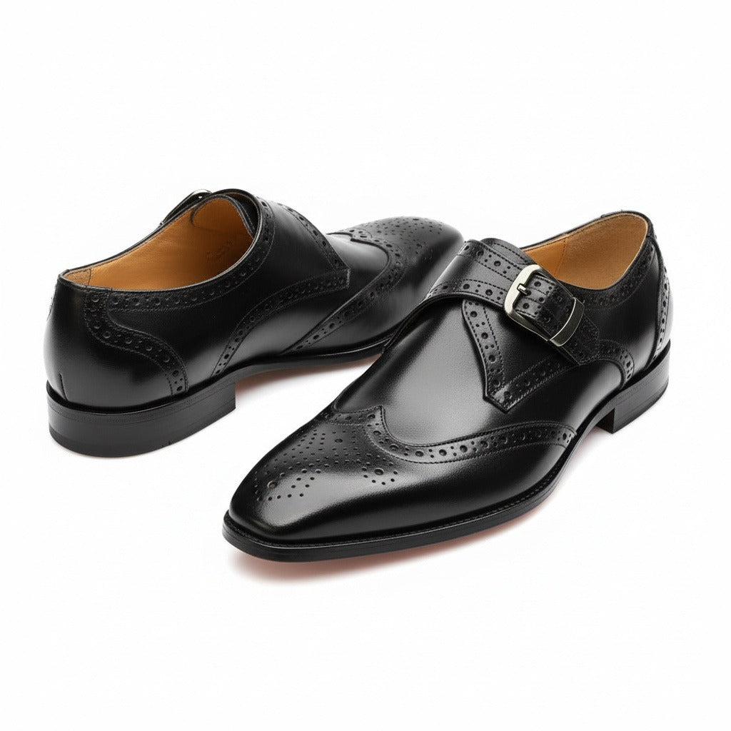 Mens Brogue Monk Shoes - Black - Front View