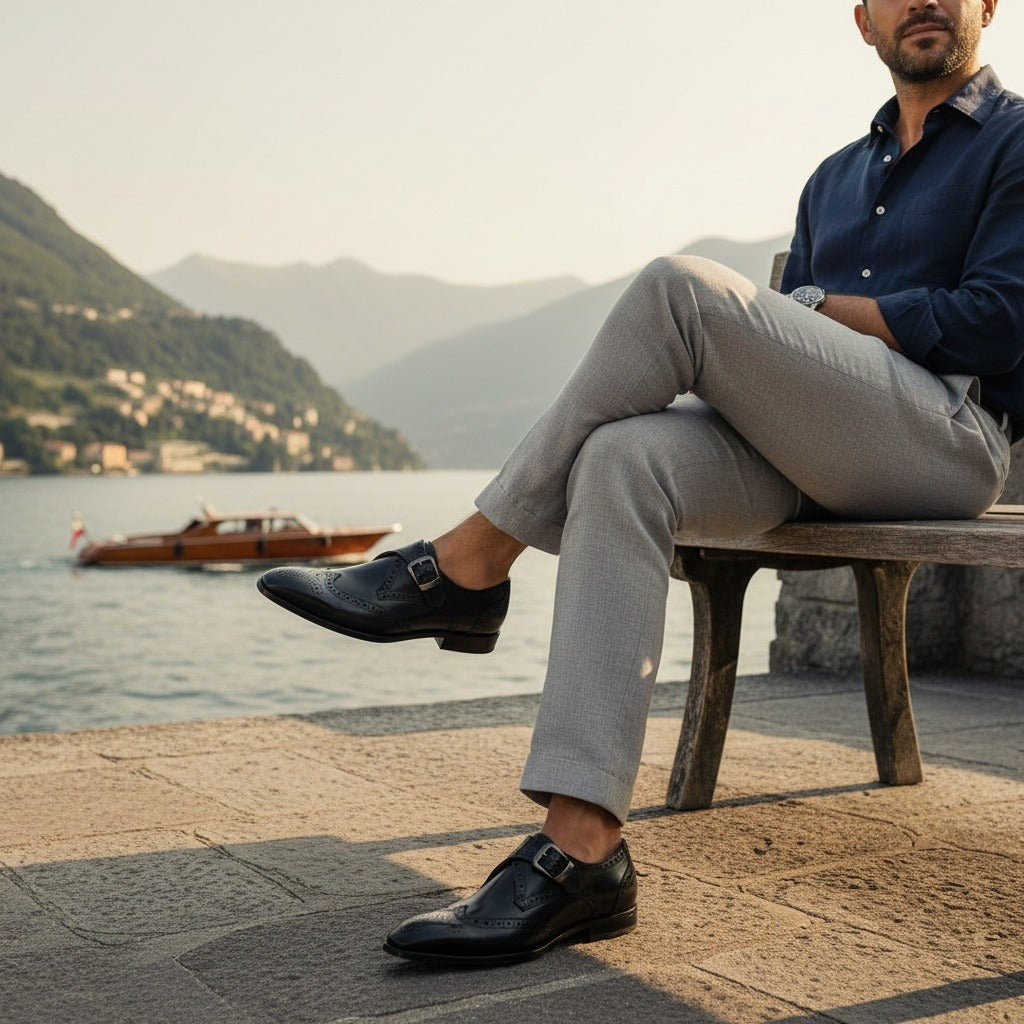 Mens Brogue Monk Shoes - Black - Angled Shot