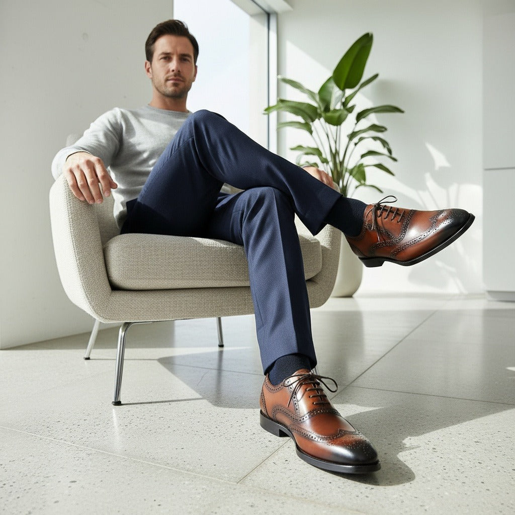Mens Brown Brogue Shoes - Brown - Side Profile