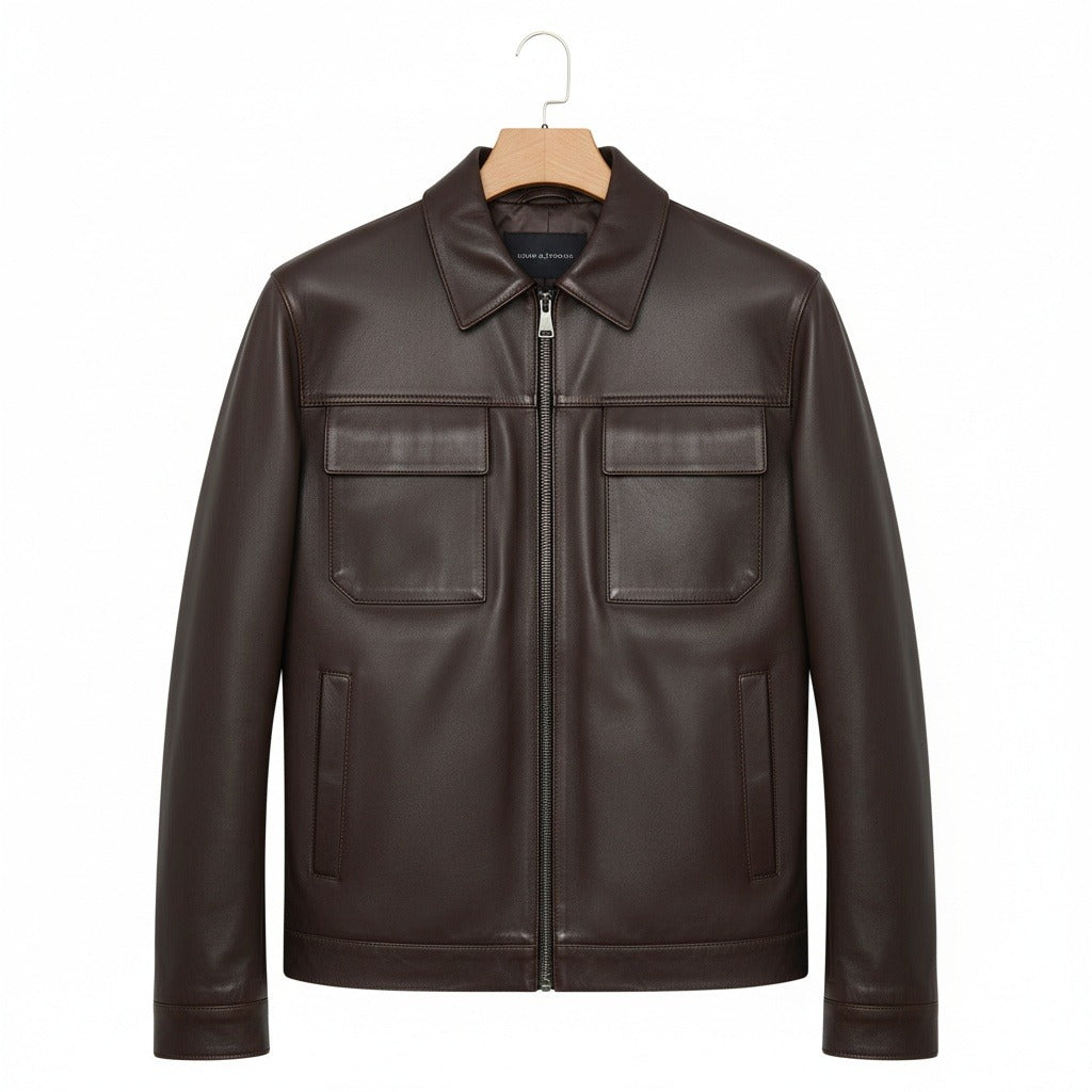 Mens Brown Leather Harrington Jacket - Brown - Front View