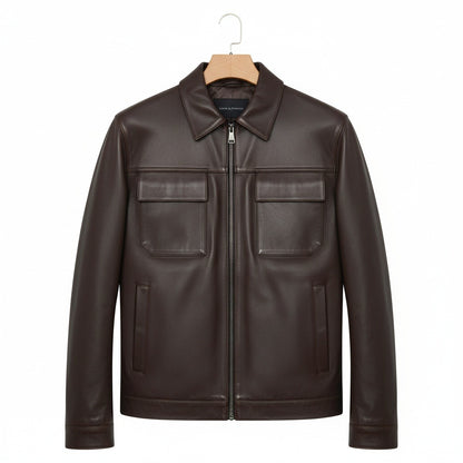 Mens Brown Leather Harrington Jacket - Brown - Front View