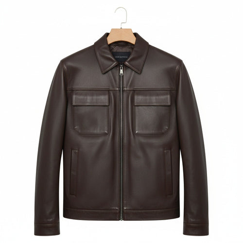 Mens Brown Leather Harrington Jacket - Brown - Front View