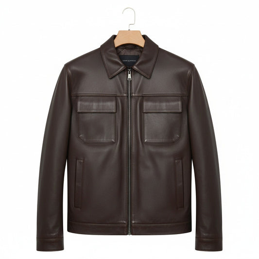 Mens Brown Leather Harrington Jacket - Brown - Front View