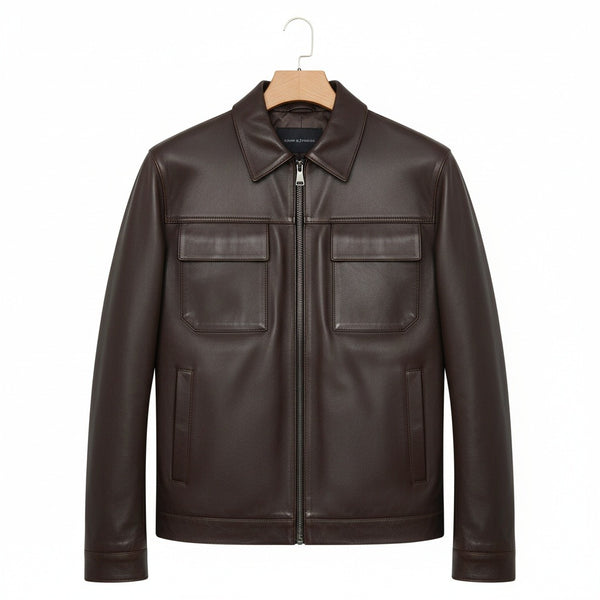 Mens Brown Leather Harrington Jacket - Brown - Front View