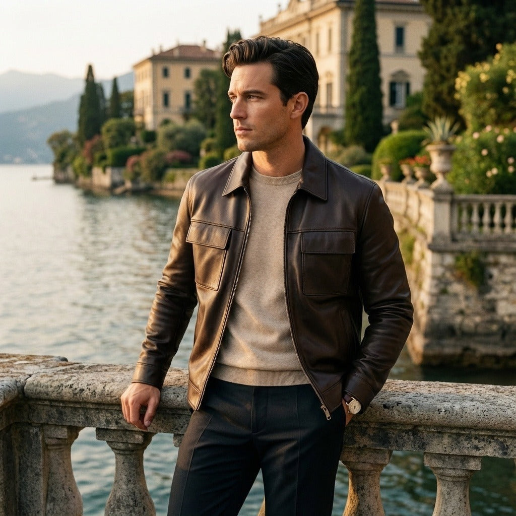 Mens Brown Leather Harrington Jacket - Brown - Angled Shot