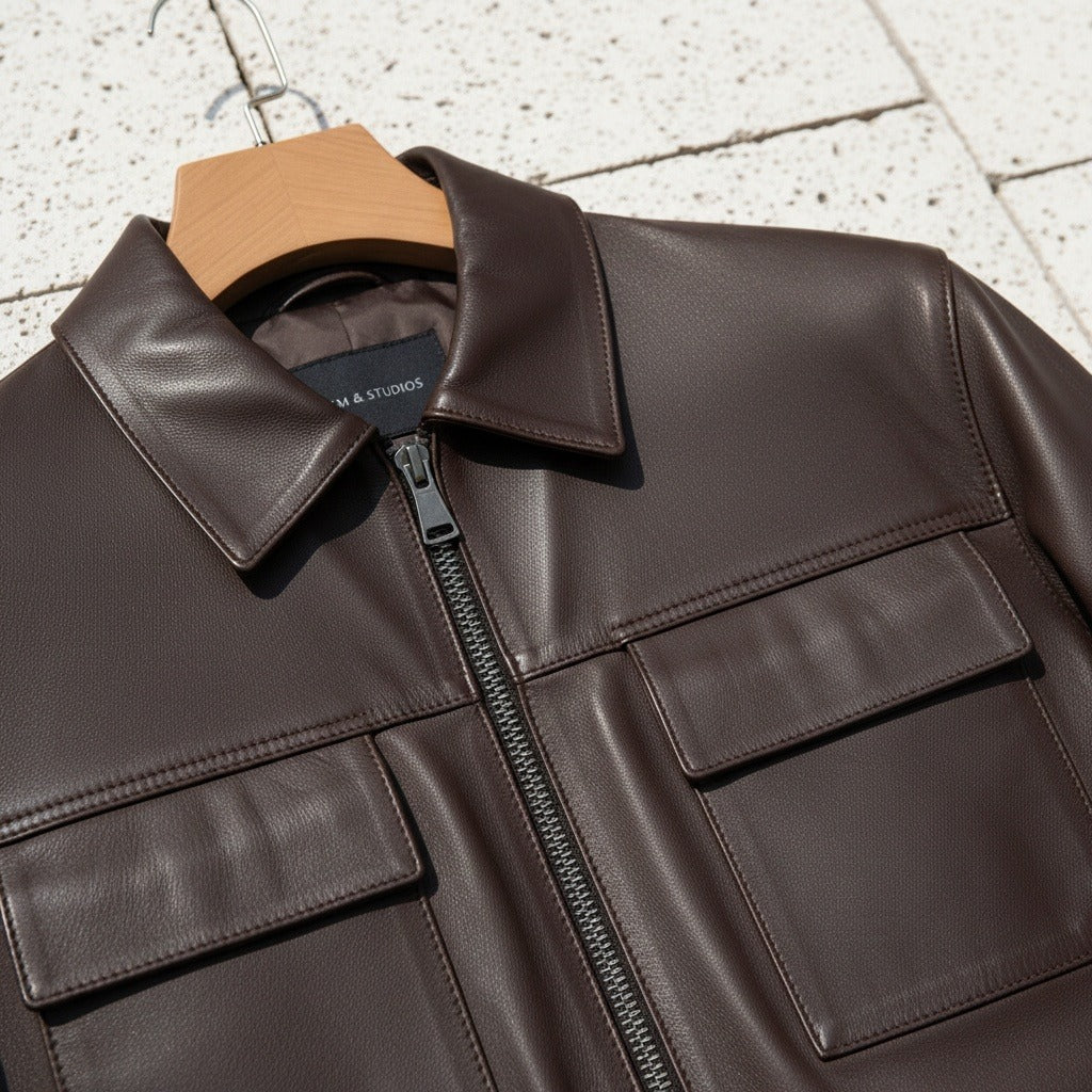 Mens Brown Leather Harrington Jacket - Brown - Back View