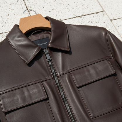 Mens Brown Leather Harrington Jacket - Brown - Back View