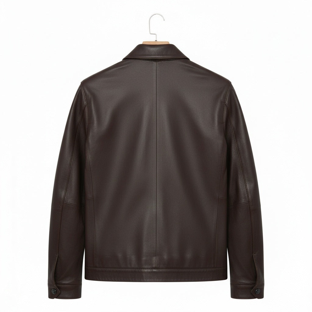 Mens Brown Leather Harrington Jacket - Brown - Fabric Detail