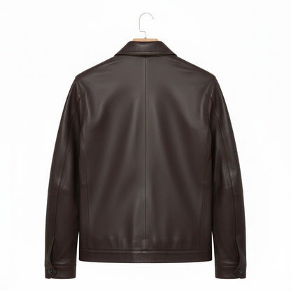 Mens Brown Leather Harrington Jacket - Brown - Fabric Detail
