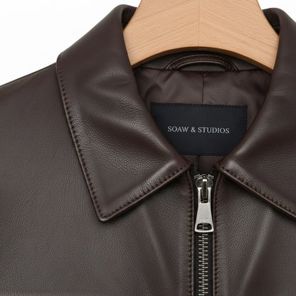Mens Brown Leather Harrington Jacket - Brown - Texture Close Up