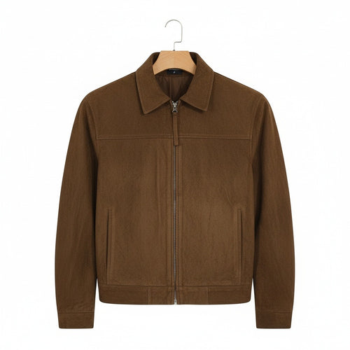 Mens Brown Suede Harrington Jacket - Brown - Front View
