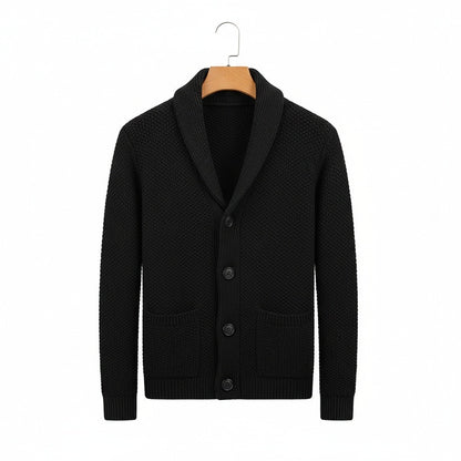 Men's Cardigan with Buttons - Black - Front View