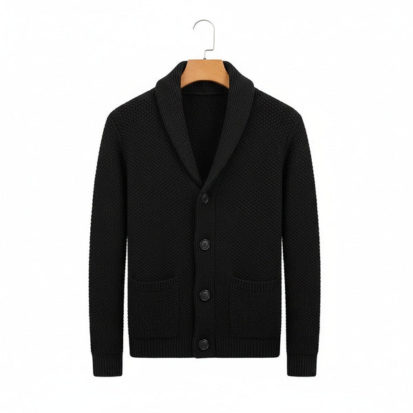 Men's Cardigan with Buttons - Black - Front View