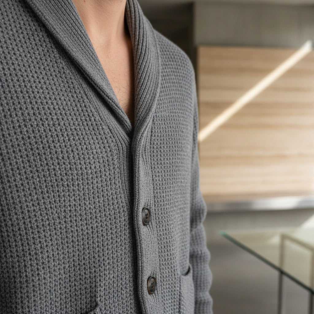 Men's Cardigan with Buttons - Heather Gray - Back View