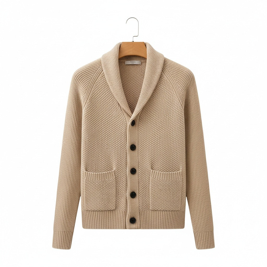 Men's Cardigan with Buttons - Camel - Front View