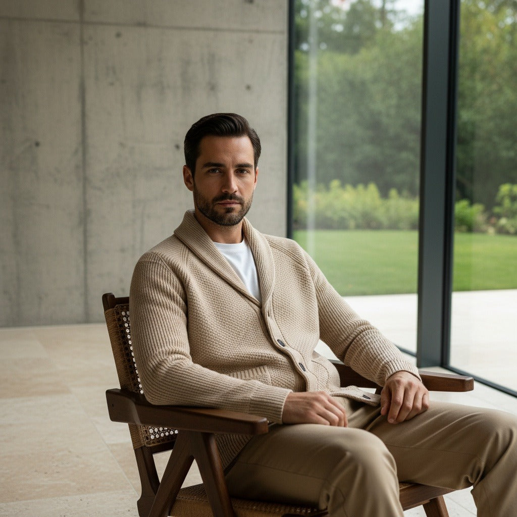 Men's Cardigan with Buttons - Camel - Side Profile