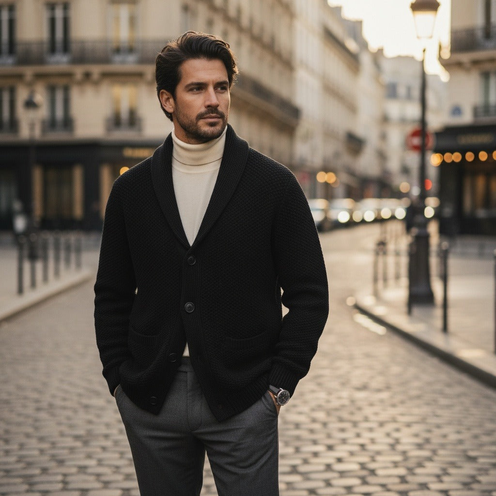 Men's Cardigan with Buttons - Black - Angled Shot
