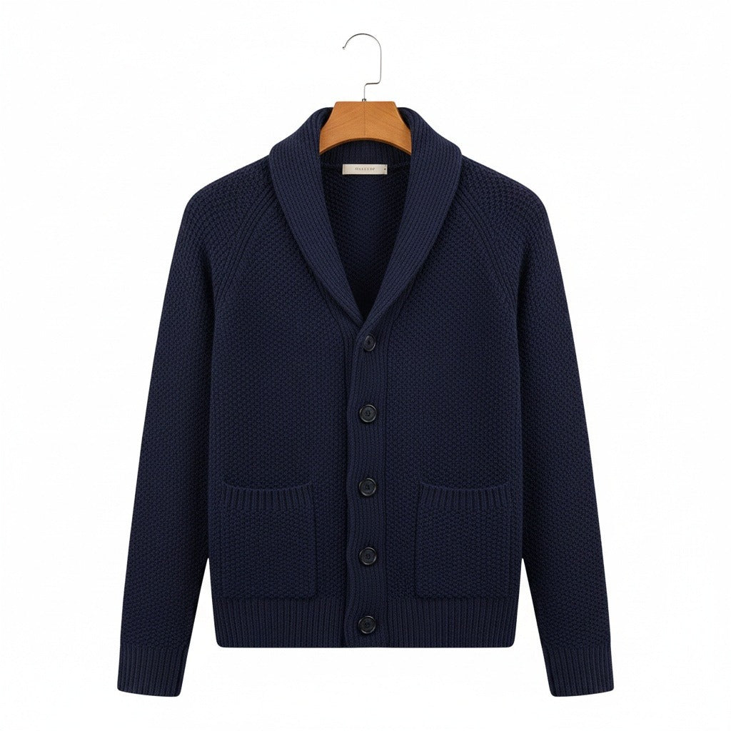 Men's Cardigan with Buttons - Navy Blue - Front View