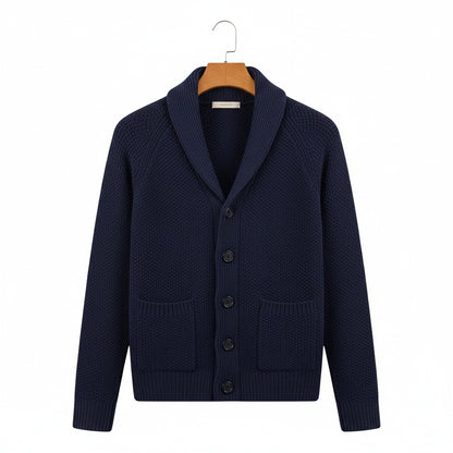 Men's Cardigan with Buttons - Navy Blue - Front View