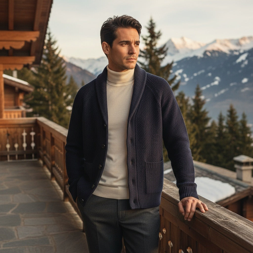 Men's Cardigan with Buttons - Navy Blue - Angled Shot