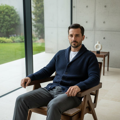 Men's Cardigan with Buttons - Navy Blue - Side Profile