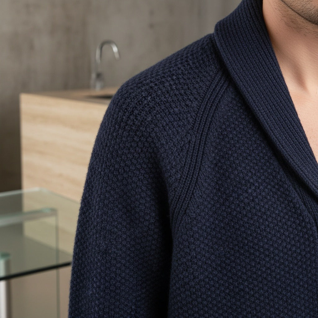 Men's Cardigan with Buttons - Navy Blue - Back View