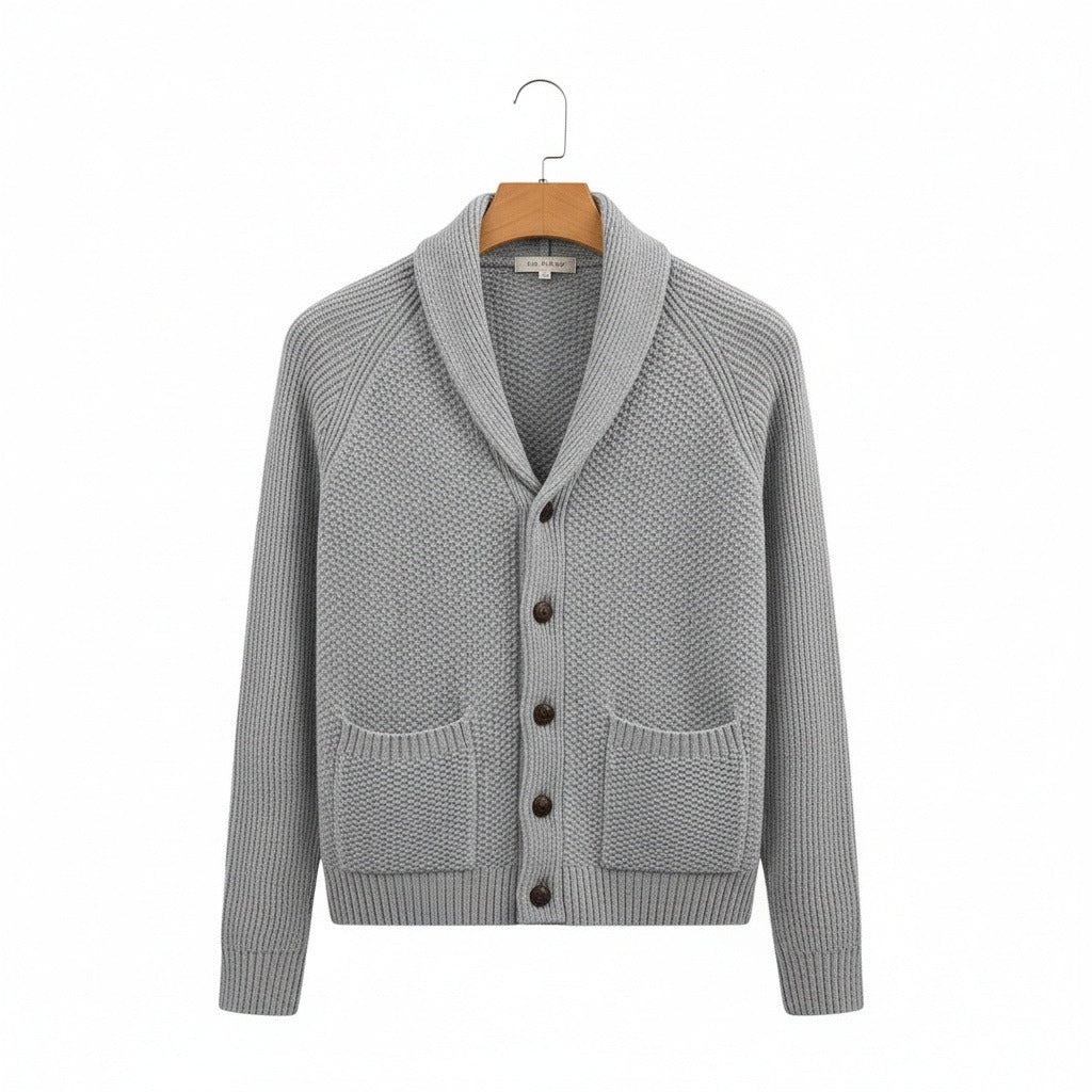 Men's Cardigan with Buttons - Stone Gray - Front View