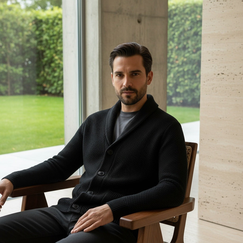 Men's Cardigan with Buttons - Black - Side Profile