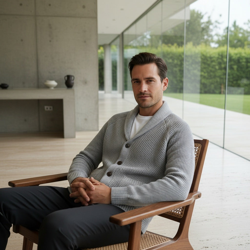Men's Cardigan with Buttons - Stone Gray - Side Profile