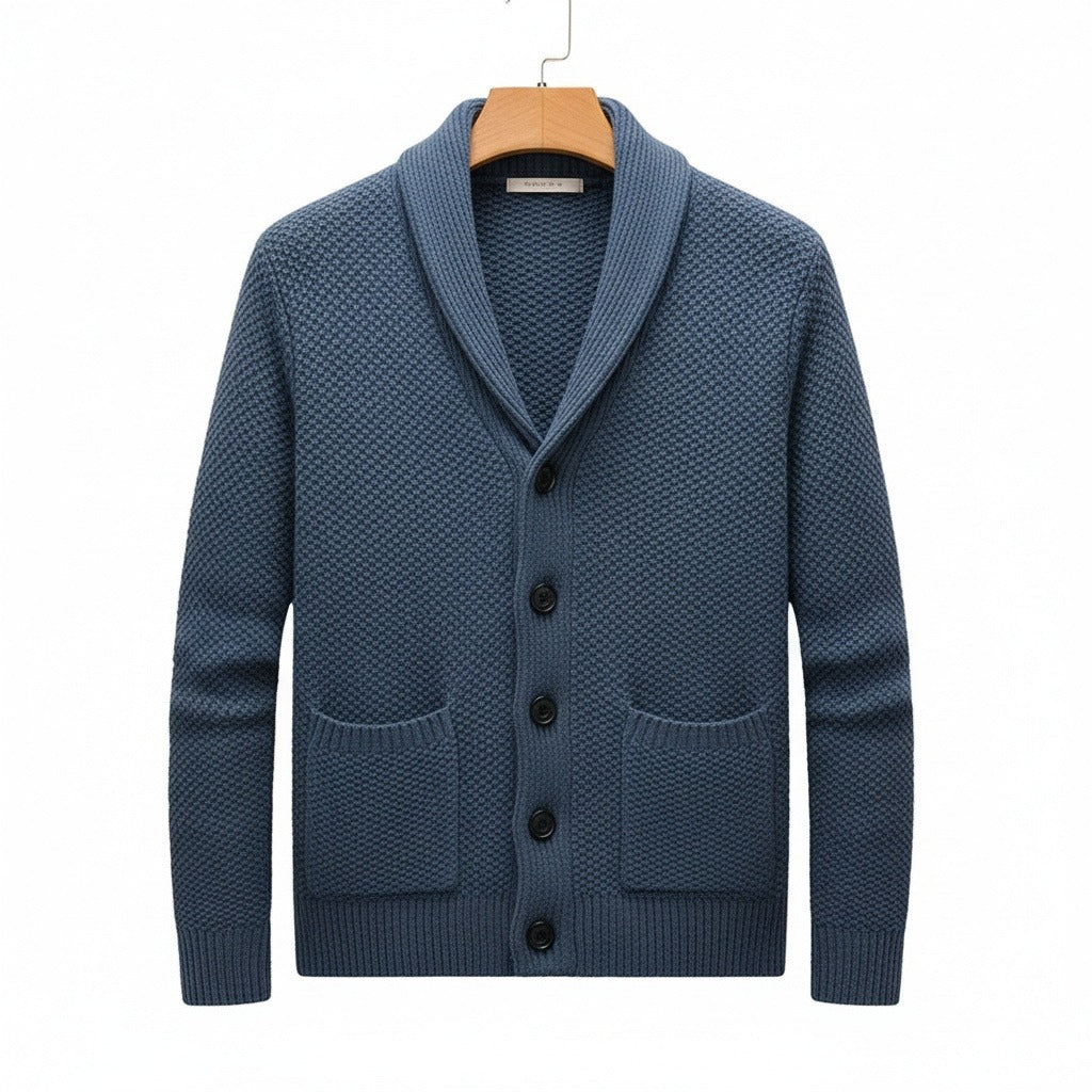 Men's Cardigan with Buttons - Slate Blue - Front View