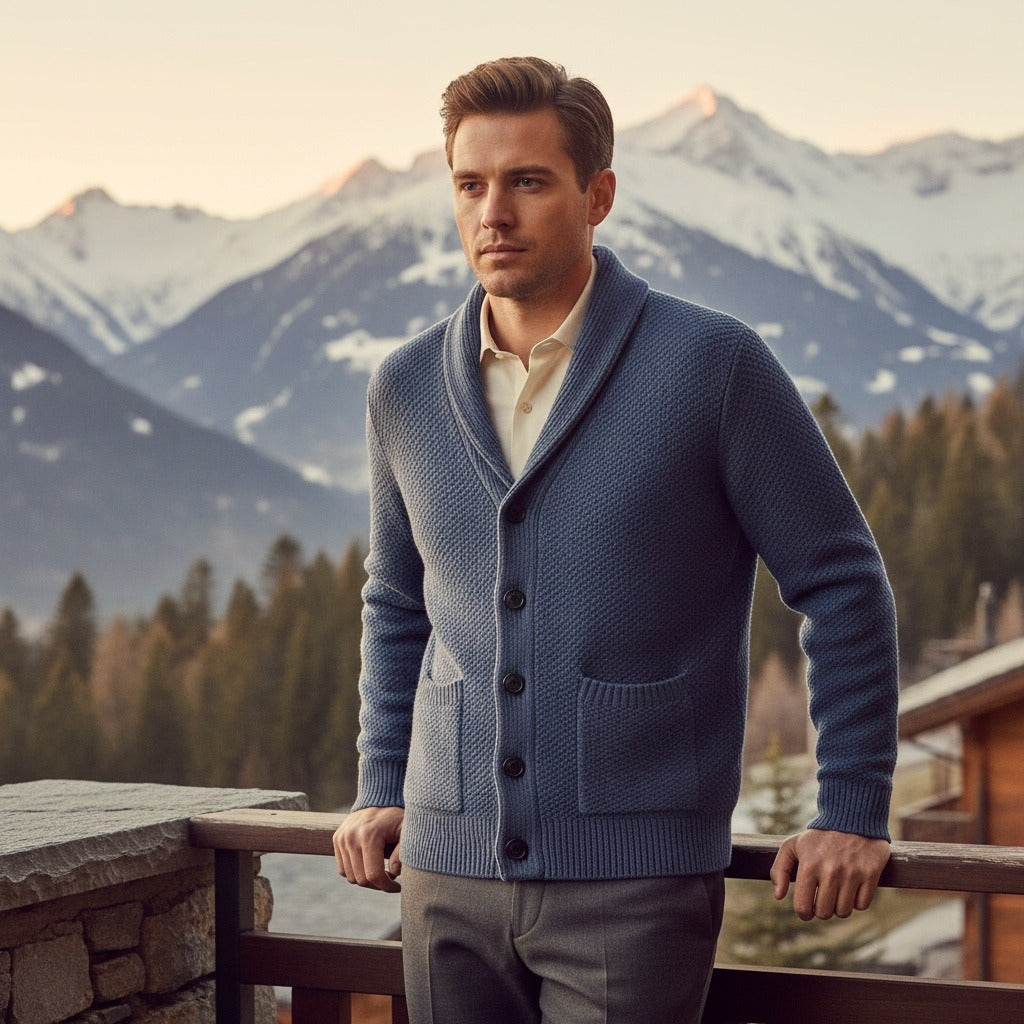 Men's Cardigan with Buttons - Slate Blue - Angled Shot