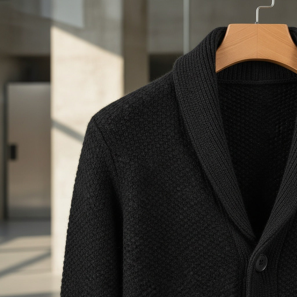 Men's Cardigan with Buttons - Black - Back View