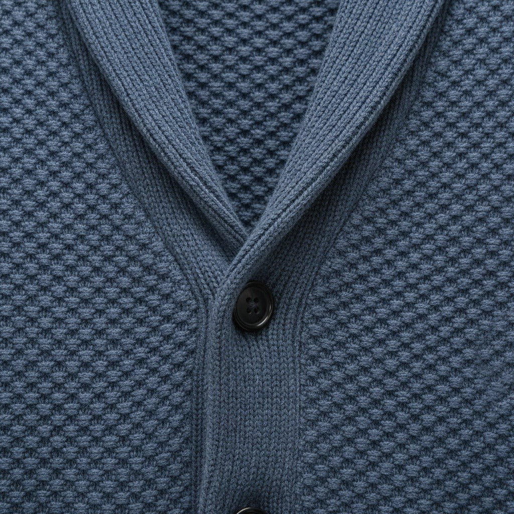 Men's Cardigan with Buttons - Slate Blue - Texture Close Up