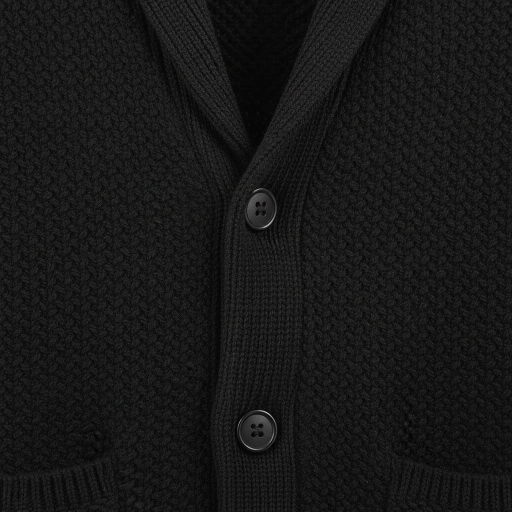 Men's Cardigan with Buttons - Black - Texture Close Up