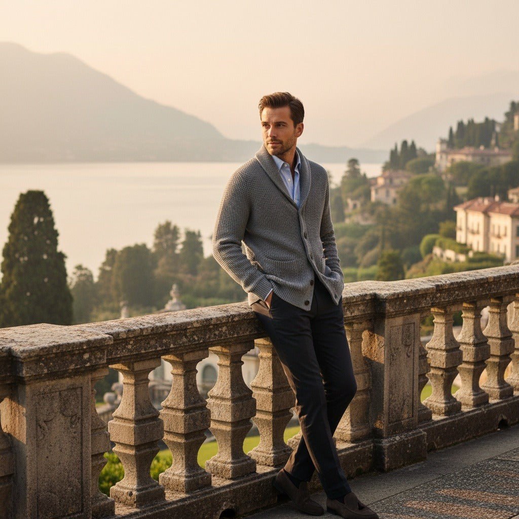 Men's Cardigan with Buttons - Heather Gray - Angled Shot