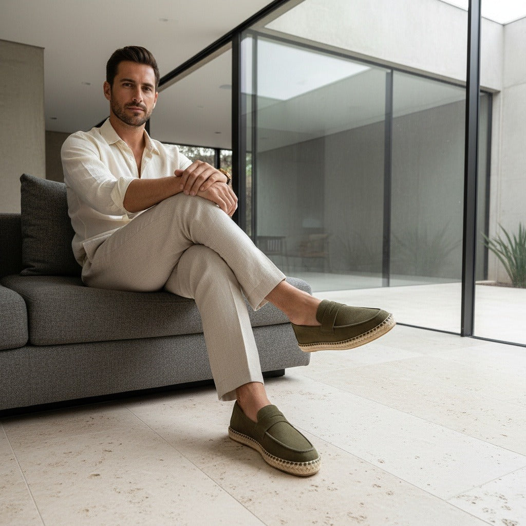 Mens Espadrille Shoes - Olive Green - Side Profile