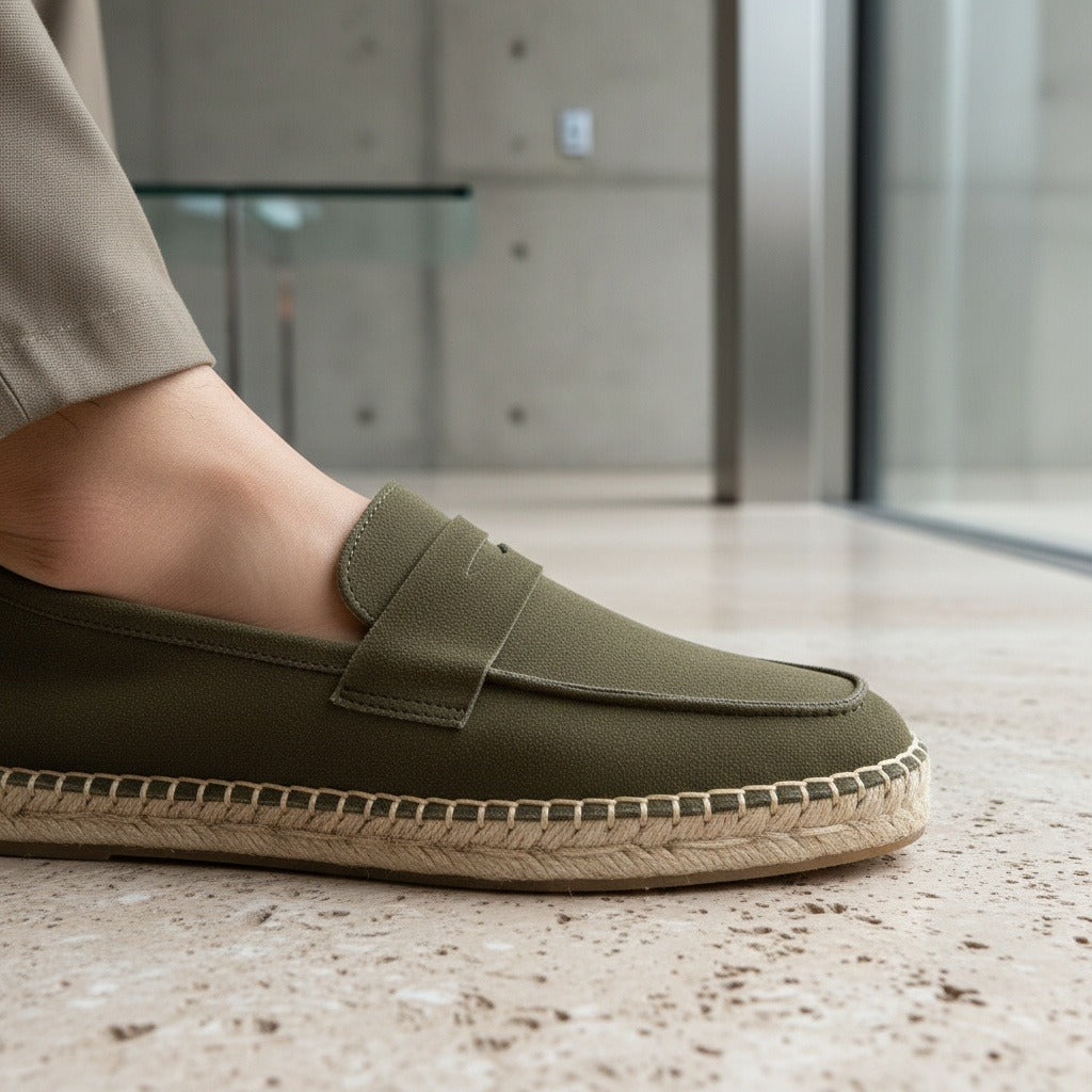 Mens Espadrille Shoes - Olive Green - Back View