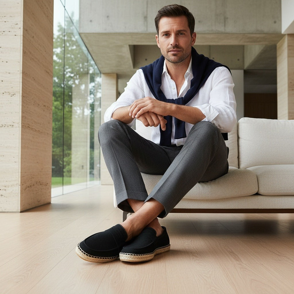 Mens Espadrille Shoes - Black - Side Profile