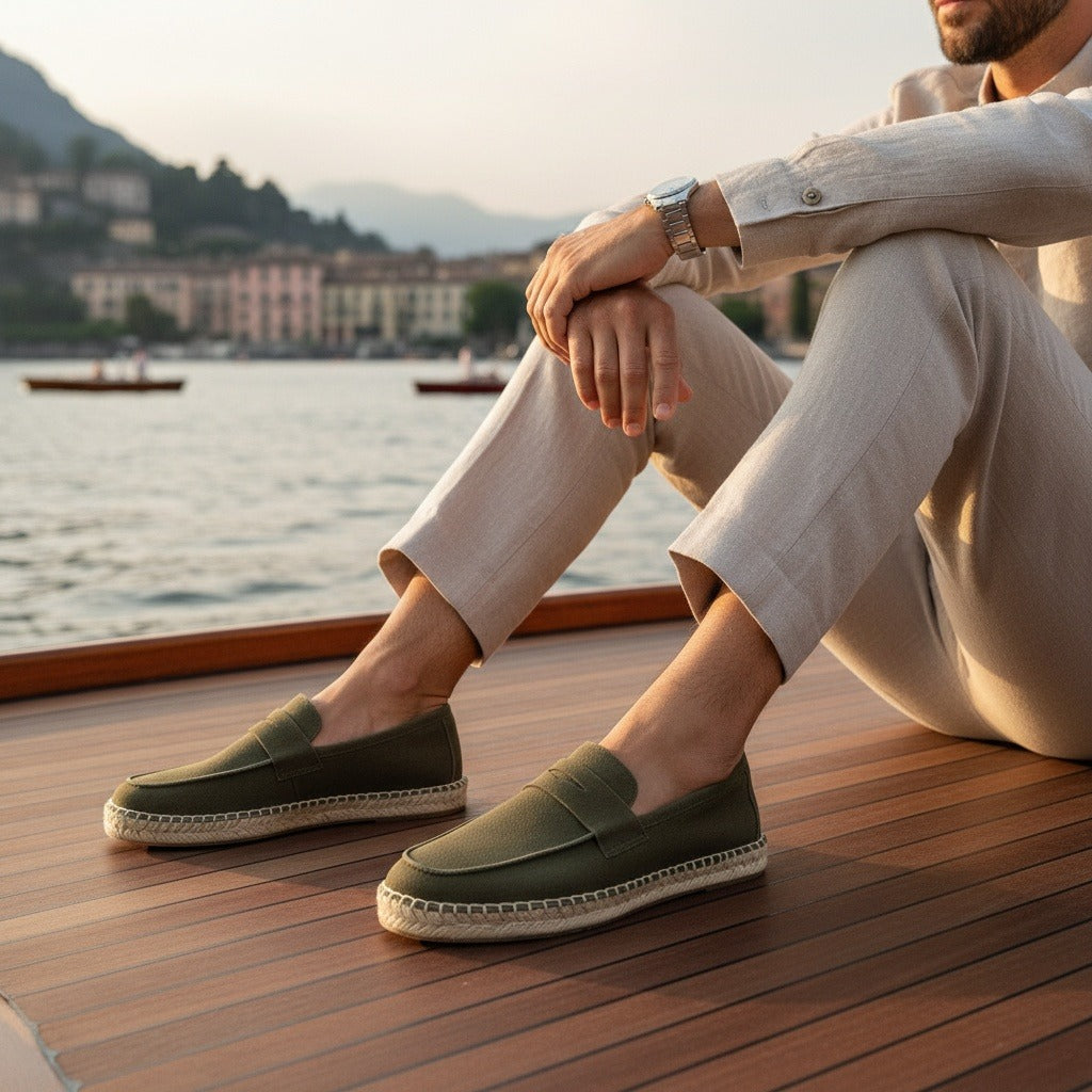 Mens Espadrille Shoes - Olive Green - Angled Shot
