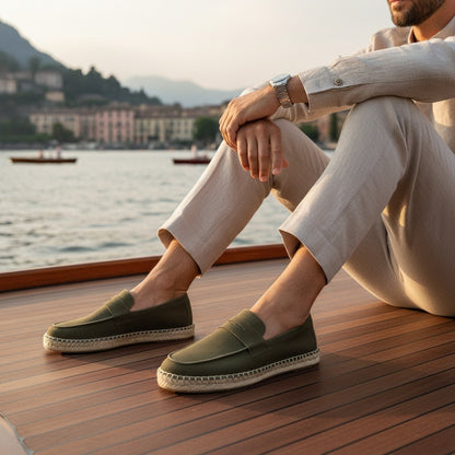 Mens Espadrille Shoes - Olive Green - Angled Shot