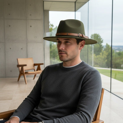 Mens Felt Hat - Olive Green - Side Profile