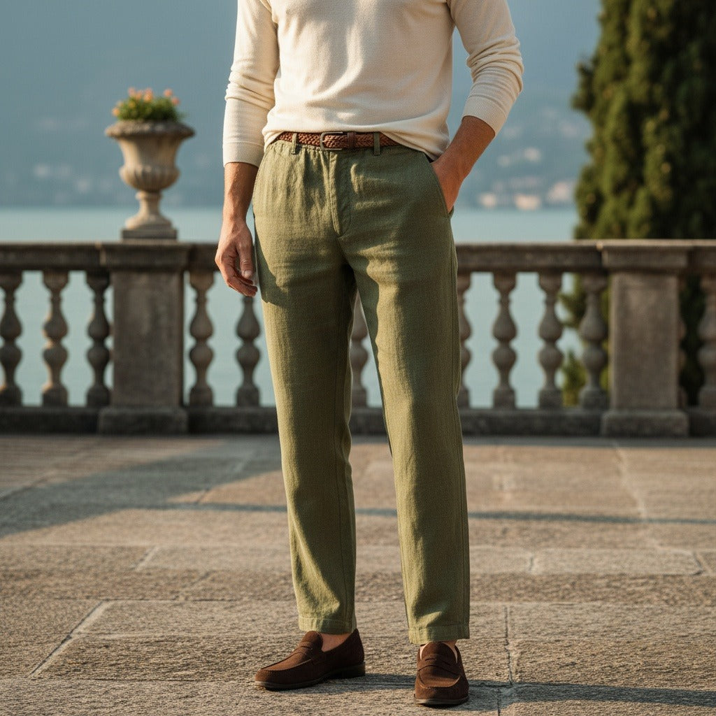 Mens Green Linen Trousers - Green - Angled Shot