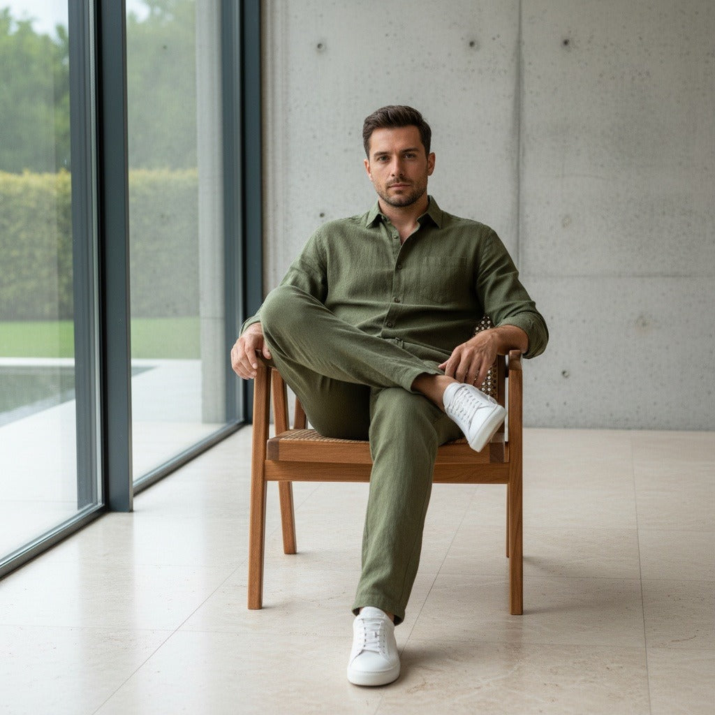 Mens Green Linen Trousers - Green - Side Profile