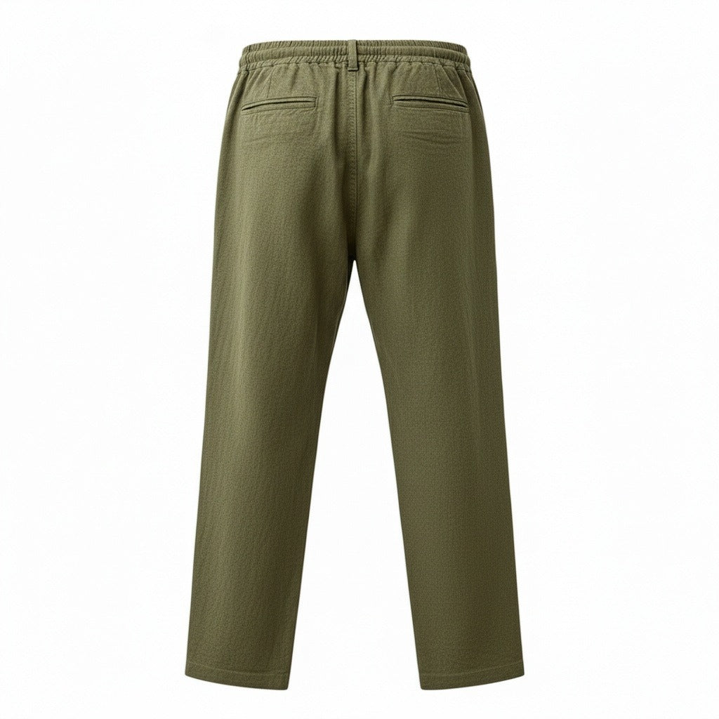 Mens Green Linen Trousers - Green - Fabric Detail