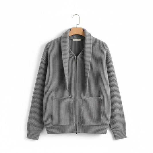Mens Grey Zip Cardigan - Grey - Front View