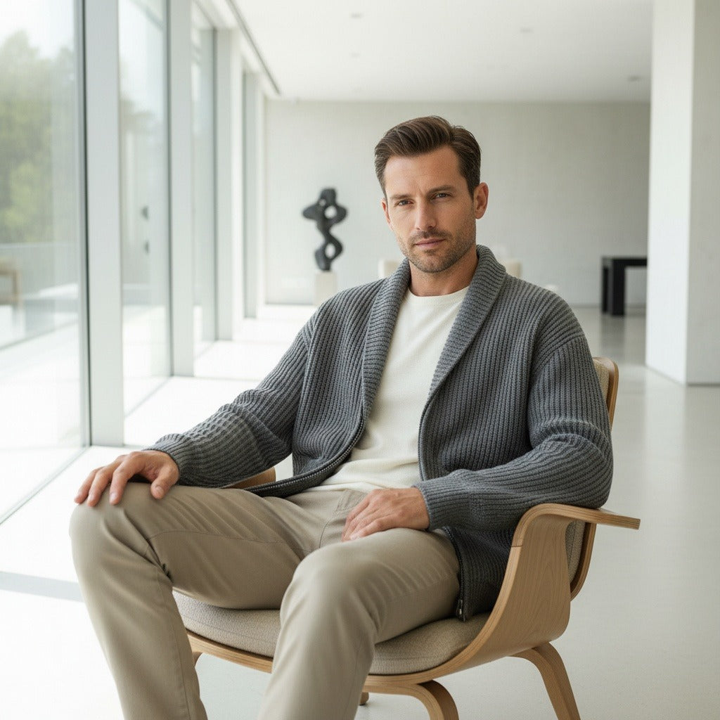 Mens Grey Zip Cardigan - Grey - Side Profile