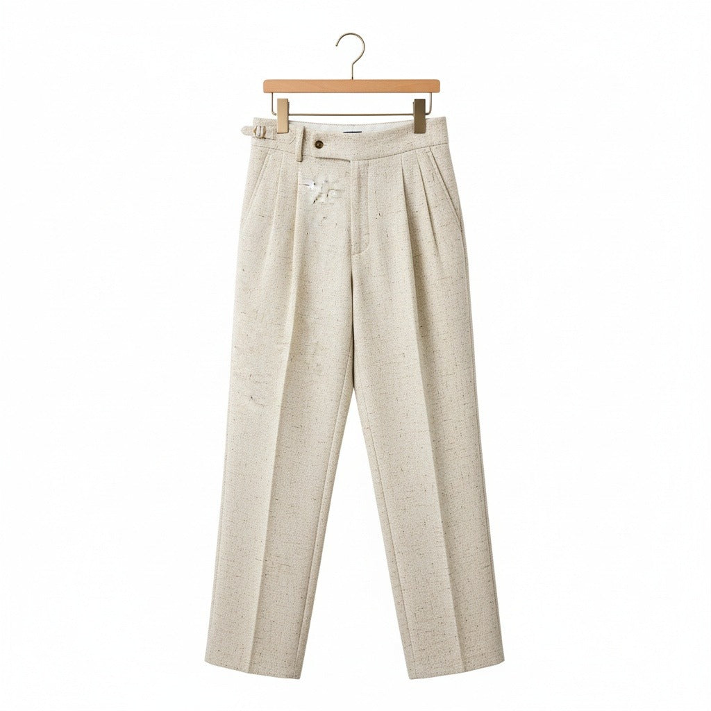 Mens High Waisted Pleated Trousers - Oatmeal - Front View
