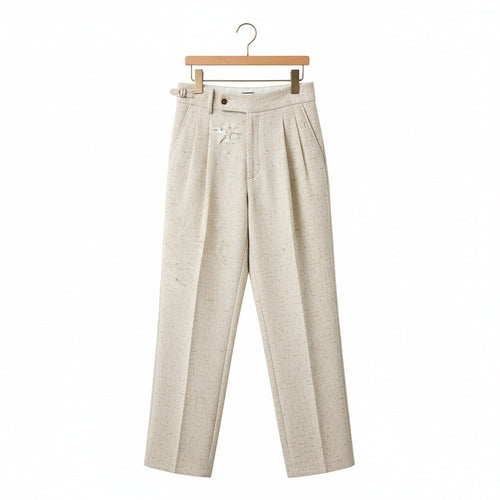 Mens High Waisted Pleated Trousers - Oatmeal - Front View