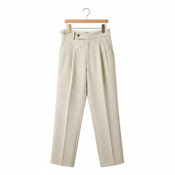 Mens High Waisted Pleated Trousers - Oatmeal - Front View